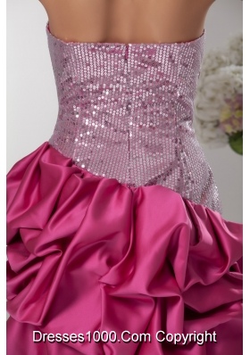 Sweetheart Hot Pink Prom Dress with Handmade Flower Sequin Taffeta