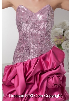 Sweetheart Hot Pink Prom Dress with Handmade Flower Sequin Taffeta