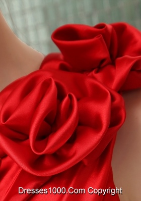 Taffeta Floor-length One Shoulder Red Prom Dress with Handmade Flower