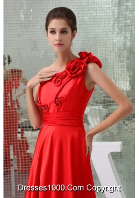 Taffeta Floor-length One Shoulder Red Prom Dress with Handmade Flower