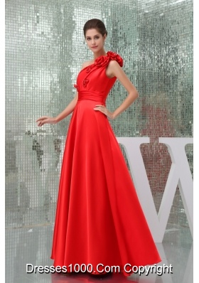 Taffeta Floor-length One Shoulder Red Prom Dress with Handmade Flower