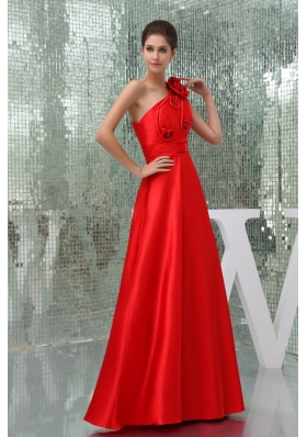 Taffeta Floor-length One Shoulder Red Prom Dress with Handmade Flower