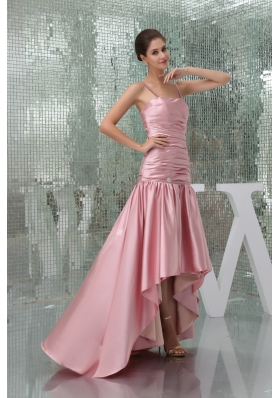 Taffeta Spaghetti Straps Ruched High-low Pink Prom Dress Column