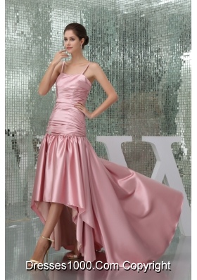 Taffeta Spaghetti Straps Ruched High-low Pink Prom Dress Column