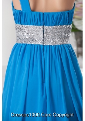 Teal One Shoulder Prom Dress with Silver Beading Waist