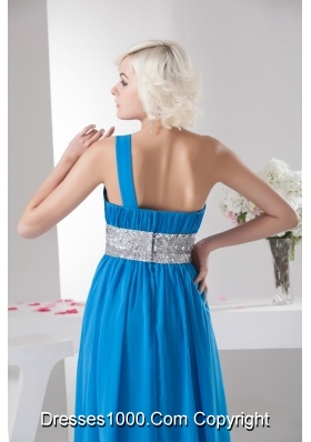 Teal One Shoulder Prom Dress with Silver Beading Waist