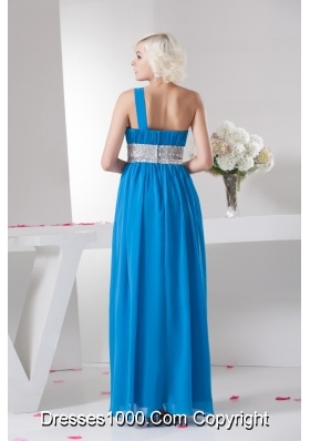 Teal One Shoulder Prom Dress with Silver Beading Waist