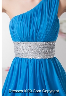 Teal One Shoulder Prom Dress with Silver Beading Waist