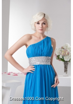 Teal One Shoulder Prom Dress with Silver Beading Waist