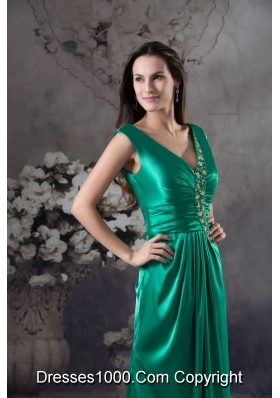 Teal V-neck Ruching Prom Dress with Beaded Appliques for Party