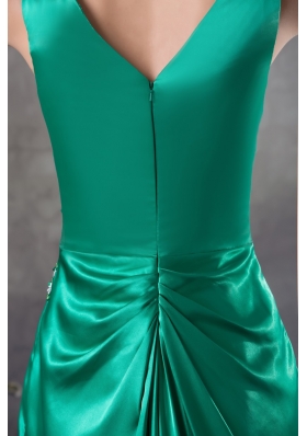 Teal V-neck Ruching Prom Dress with Beaded Appliques for Party