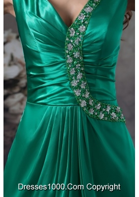 Teal V-neck Ruching Prom Dress with Beaded Appliques for Party