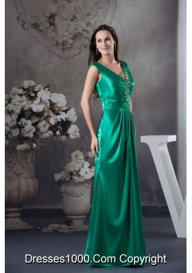 Teal V-neck Ruching Prom Dress with Beaded Appliques for Party