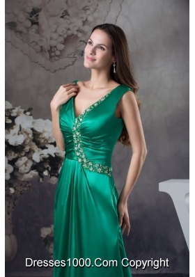 Teal V-neck Ruching Prom Dress with Beaded Appliques for Party