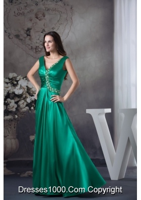 Teal V-neck Ruching Prom Dress with Beaded Appliques for Party