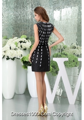 U-neck Mini-length Black Satin Prom Dress with White Polka Dot