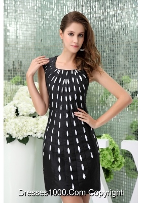 U-neck Mini-length Black Satin Prom Dress with White Polka Dot