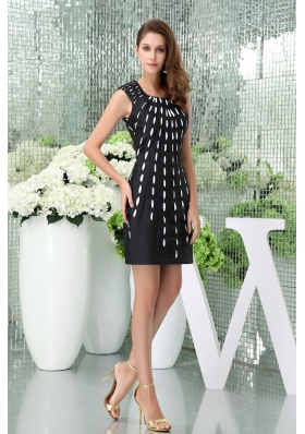 U-neck Mini-length Black Satin Prom Dress with White Polka Dot