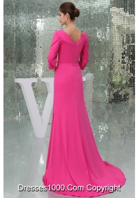 V-neck 3/4 Sleeves Hot Pink Prom Dress with Brush Train