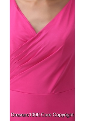 V-neck 3/4 Sleeves Hot Pink Prom Dress with Brush Train