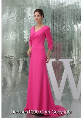 V-neck 3/4 Sleeves Hot Pink Prom Dress with Brush Train