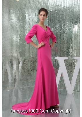 V-neck 3/4 Sleeves Hot Pink Prom Dress with Brush Train