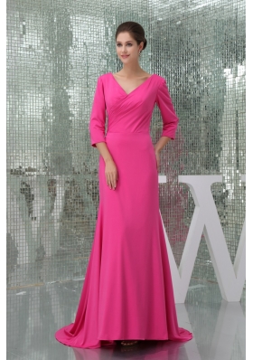 V-neck 3/4 Sleeves Hot Pink Prom Dress with Brush Train