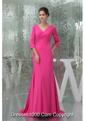 V-neck 3/4 Sleeves Hot Pink Prom Dress with Brush Train