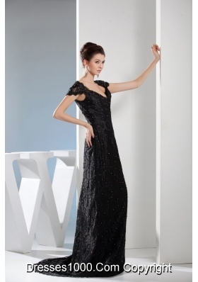 V-neck Beaded Black Lace Column Prom Dress with Brush Train