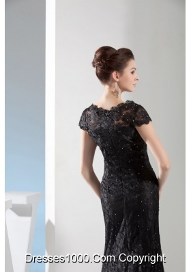 V-neck Beaded Black Lace Column Prom Dress with Brush Train