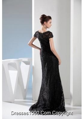 V-neck Beaded Black Lace Column Prom Dress with Brush Train