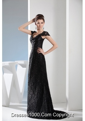 V-neck Beaded Black Lace Column Prom Dress with Brush Train