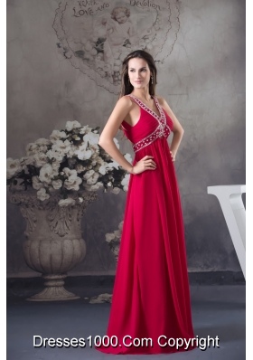 V-neck Beaded Red Chiffon Prom Formal Dress with Criss Cross Back