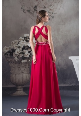 V-neck Beaded Red Chiffon Prom Formal Dress with Criss Cross Back