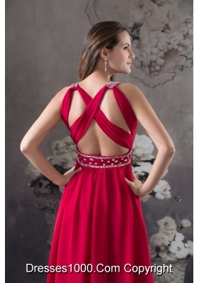 V-neck Beaded Red Chiffon Prom Formal Dress with Criss Cross Back