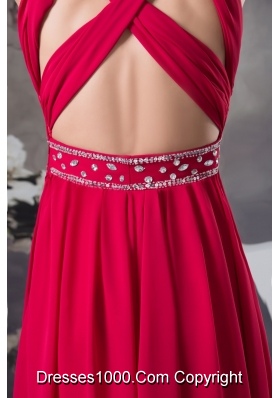 V-neck Beaded Red Chiffon Prom Formal Dress with Criss Cross Back