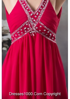 V-neck Beaded Red Chiffon Prom Formal Dress with Criss Cross Back