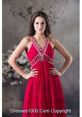 V-neck Beaded Red Chiffon Prom Formal Dress with Criss Cross Back