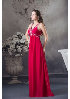 V-neck Beaded Red Chiffon Prom Formal Dress with Criss Cross Back