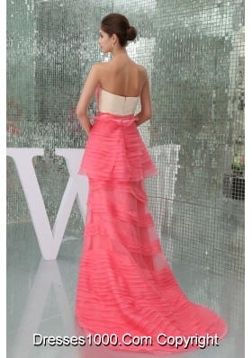 Watermelon Strapless Brush Train Prom Dress for Ladies with Ruche