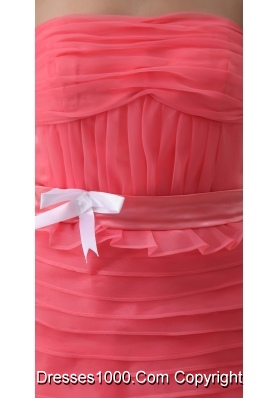 Watermelon Strapless Brush Train Prom Dress for Ladies with Ruche