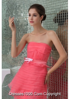 Watermelon Strapless Brush Train Prom Dress for Ladies with Ruche