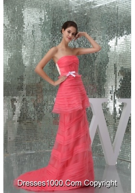 Watermelon Strapless Brush Train Prom Dress for Ladies with Ruche