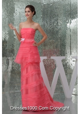 Watermelon Strapless Brush Train Prom Dress for Ladies with Ruche