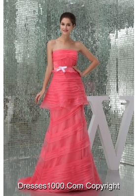 Watermelon Strapless Brush Train Prom Dress for Ladies with Ruche