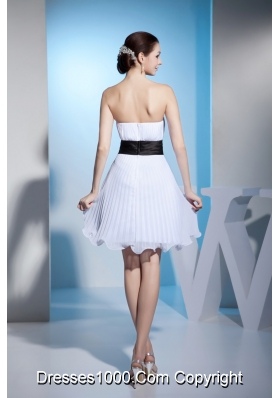 2013 White Strapless Pleats Prom Dress with Black Sashes