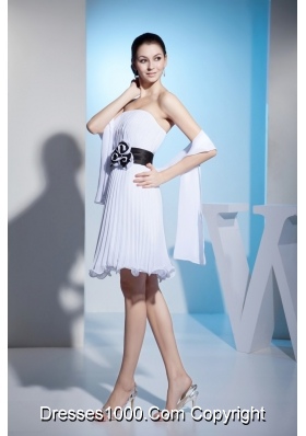 2013 White Strapless Pleats Prom Dress with Black Sashes