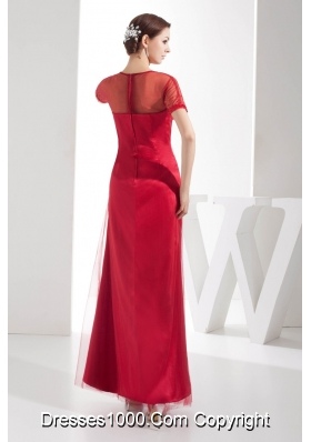 Ankle Length Traditional  Short Sleeve Beaded  Red Column Prom Dress