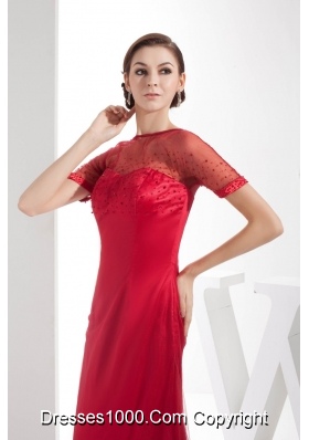 Ankle Length Traditional  Short Sleeve Beaded  Red Column Prom Dress