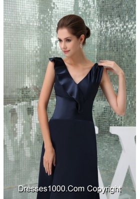 Ankle-length V-neck Fitted Navy Blue Prom  Dress